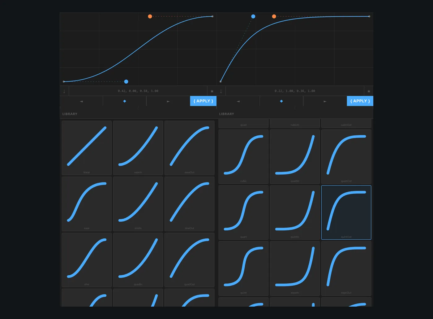 Zwei Ansichten des EaseFlow-Panels: oben der Bezier-Editor mit Kurve und Zahlenwerten, darunter die Bibliothek mit Easing-Presets, in der rechten Ansicht ist quintOut ausgewählt.