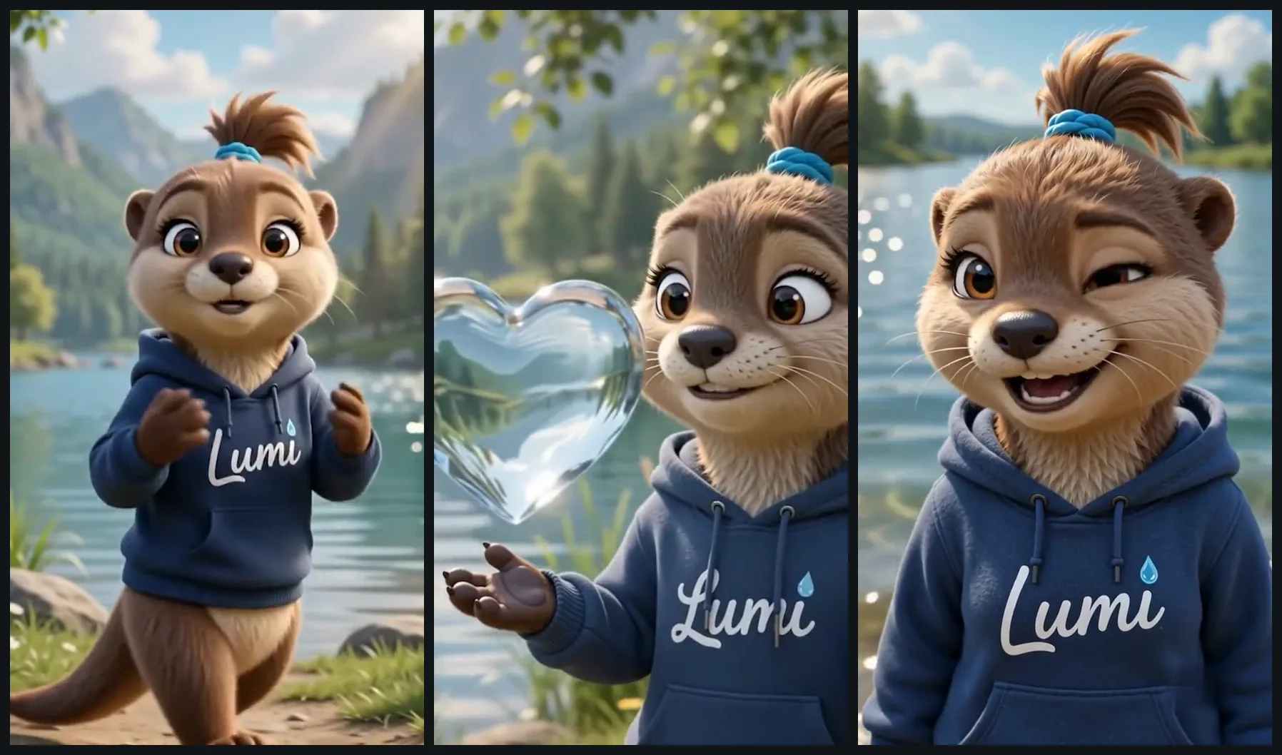 Drei Frames aus zwei verschiedenen Clips mit demselben KI-generierten Otter-Maskottchen im blauen Hoodie – Fell, Haarband und Logo bleiben identisch.