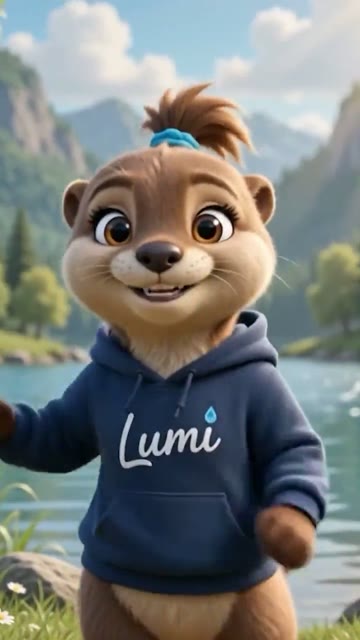 Standbild: KI-generiertes Otter-Maskottchen Lumi im Hoodie vor einem See.